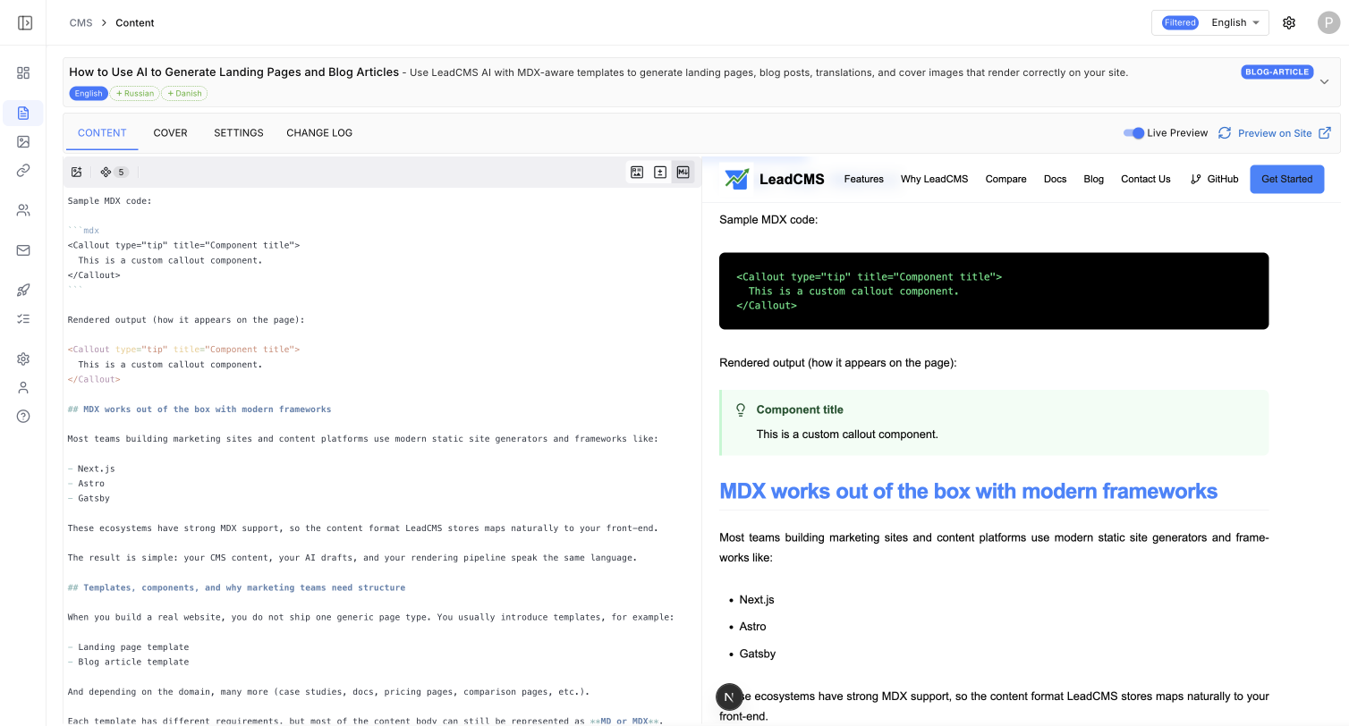 LeadCMS live preview - edit content on the left and see the rendered page update in real time on the right